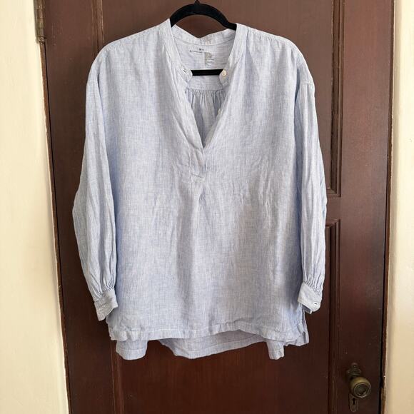 Muji Tops - MUJI | Blue and White Striped Linen Boho Boxy Blouson Top | Medium \ Large
